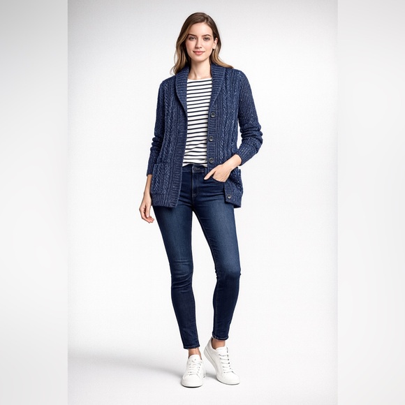 Lands' End Sweaters - Lands’ End Classic Chunky Knit Wool Blend Button Front Cardigan Size Small